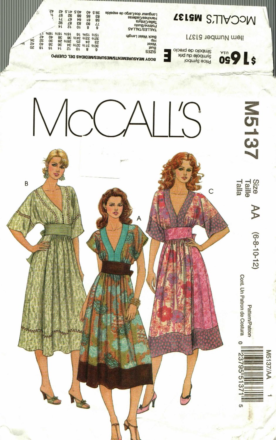 McCall's M5137 Pattern uncut 6 8 10 12 Pullover Dress Contrast Bands Boho