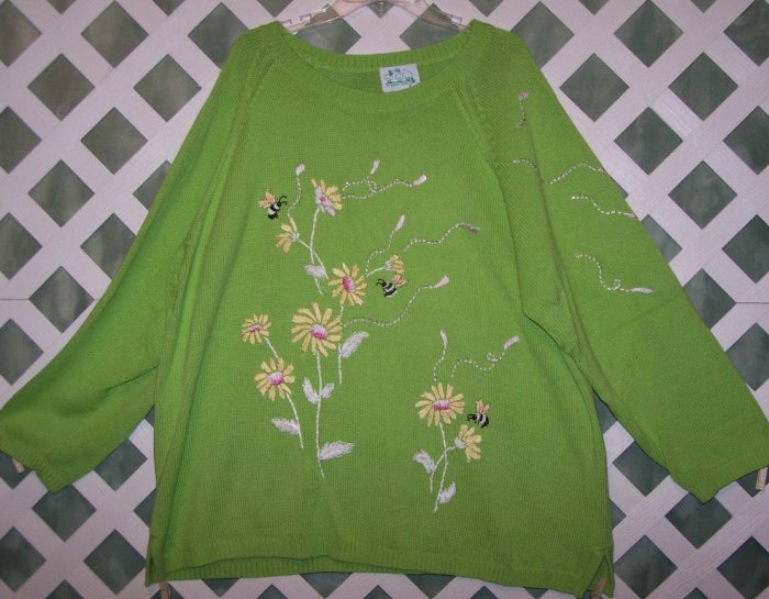 Quacker Factory Bright Green Flowers Bees EUC 2X Cute!
