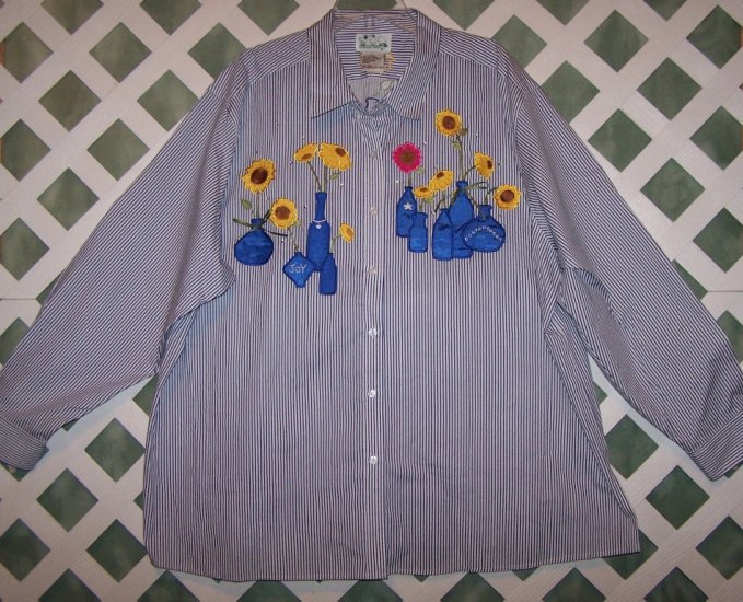 Quacker Factory Navy Stripe Button Up flower Design Shirt Size 3X