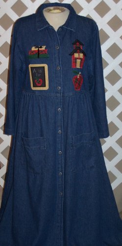Womens Denim Long Teacher Style Dress Size M Books School Apple New