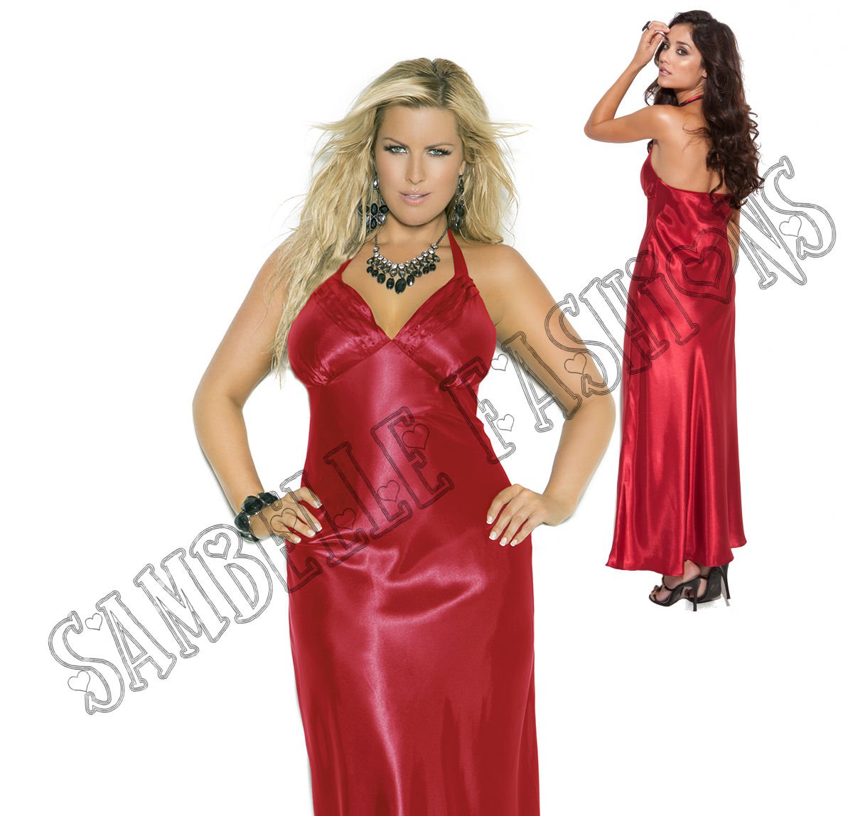 Red Charmeuse Satin Halter Neck Gown - 3X