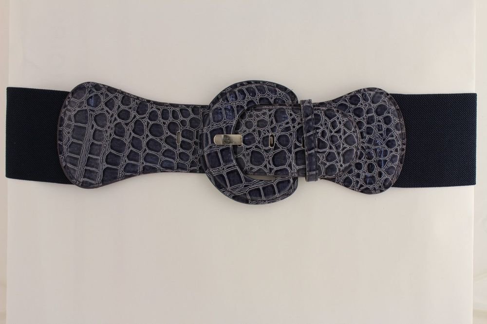 Women Belt Wide Elastic Navy Dark Blue Fashion High Waist Round Buckle