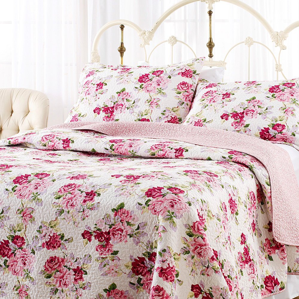 Laura Ashley Lidia Cotton Quilt Set, Full/Queen Rose Print