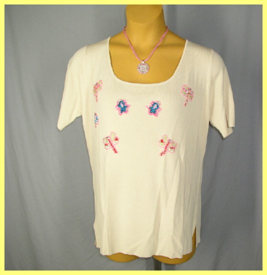 LOULOU Womens Plus Size Knit Top Shell Beads Dragonfly 2X New