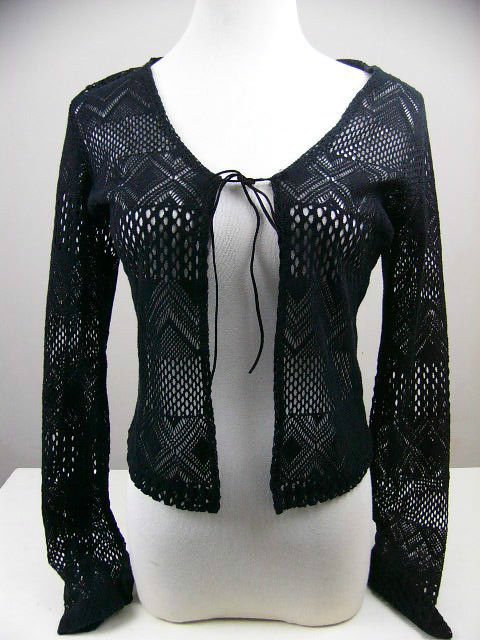 GORGEOUS CROCHET KNIT CARDIGAN OPEN FACE BLACK SHRUG LONG SLV WRAP COVER UP MED