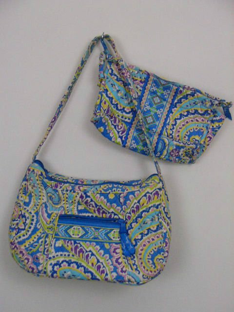 2-VERA BRADLEY PURSE AND CLUTCH BLUE PAISLEY W/LIME GREEN YELLOW PURPLE