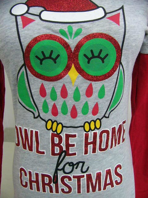 FIPZ HOLIDAY SPARKLE SHIRT TOP SIZE MEDIUM OWL BE HOME FOR CHRISTMAS RED GREY
