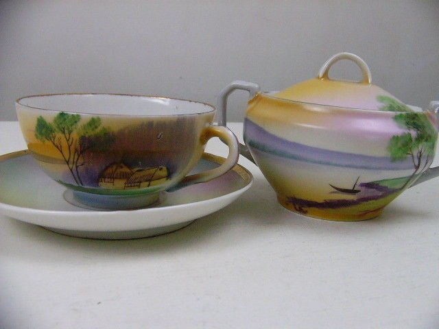 NIPPON HAND PAINTED LANDSCAPE SUGAR BOWL & Teacup w/saucer ANTIQUE VINTAGE RARE