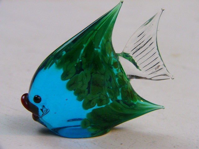 Hand Blown Murano Glass Angel Fish Figurine Blue GREEN Sculpture 1930's signed