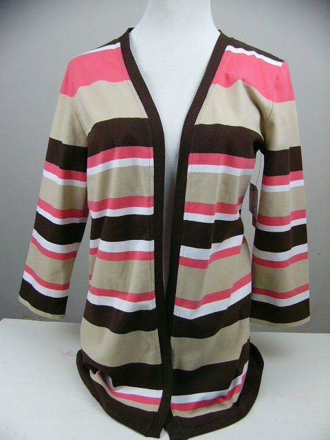 NWT LIZ CLAIBORNE ACTIVE STRIPED CARDIGAN SIZE MEDIUM CORAL BROWN TAN 'DARK RUM'