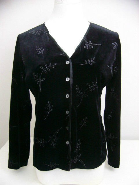 PETITE SOPHISTICATE BLACK VELVET BLOUSE SIZE SMALL SILVER LEAF DESIGN HOLIDAY!