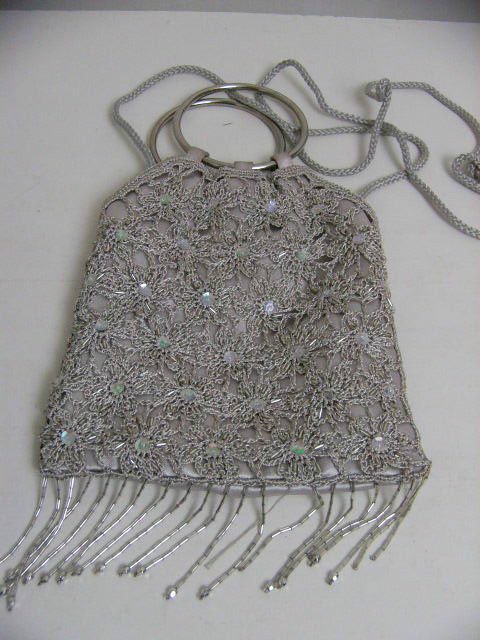CROCHET LACE BEADED EVENING PURSE BAG STRAP & HANDLE SEQUINED TAUPE TAN BEIGE