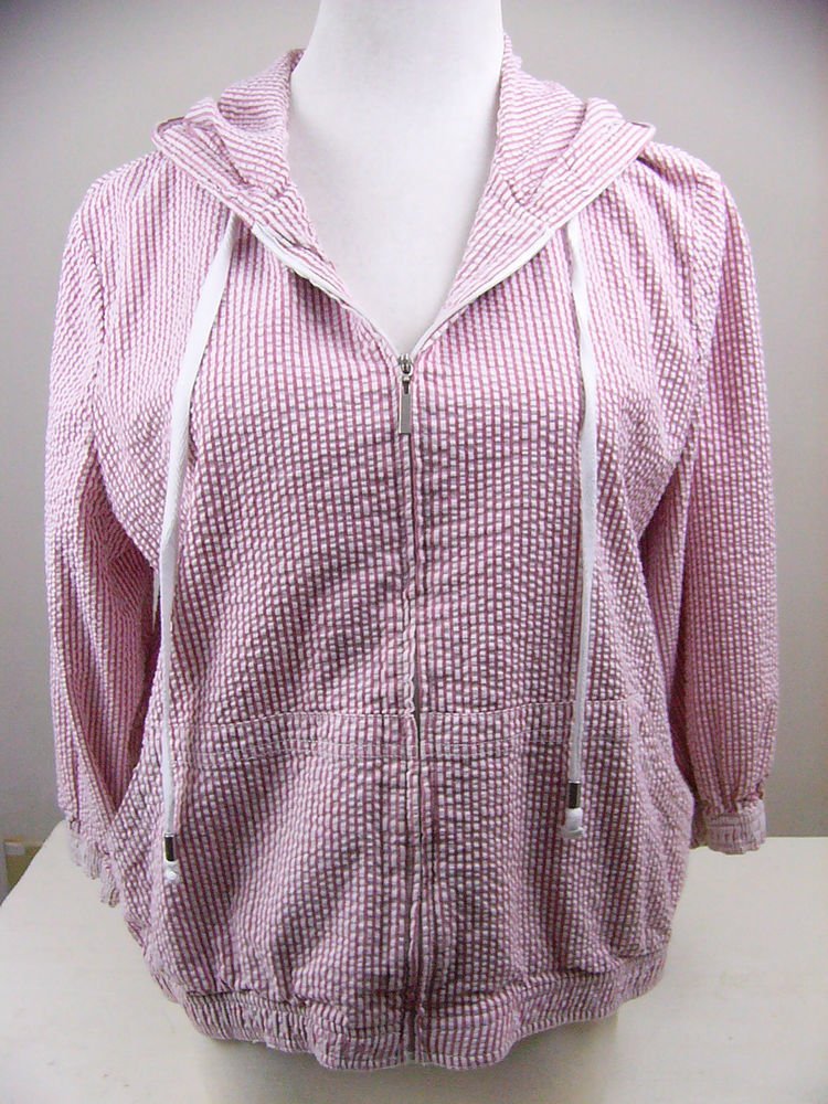 SAKS 5TH AVENUE SEERSUCKER JACKET RED WHITE STRIPE HOODED SIZE 14P PETITE XL