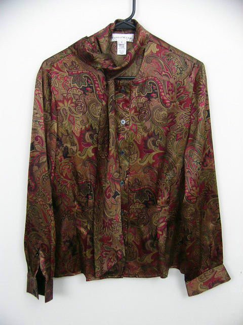EVAN-PICONE WOMANS PAISLEY BROWN BLOUSE 100% SILK CAREER SCARF SIZE 12 LARGE