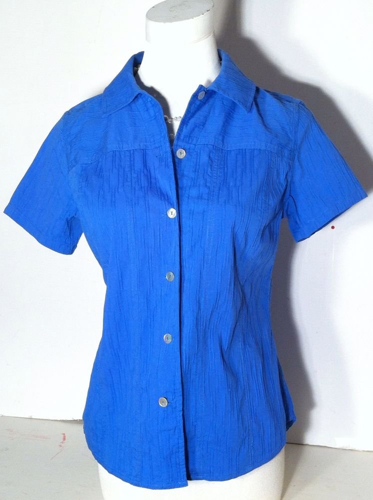 CHICO'S BLUE BUTTON DOWN BLOUSE SHORT SLEEVED SIZE O (SMALL) SUMMER ELEGANCE!