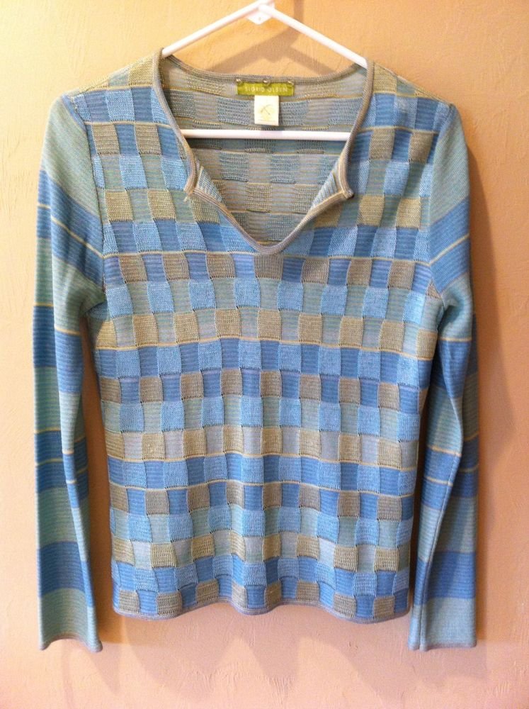 SIGRID OLSEN WOMENS SWEATER TOP SHIRT BLOUSE BLUE GREEN BLOCK SIZE SMALL
