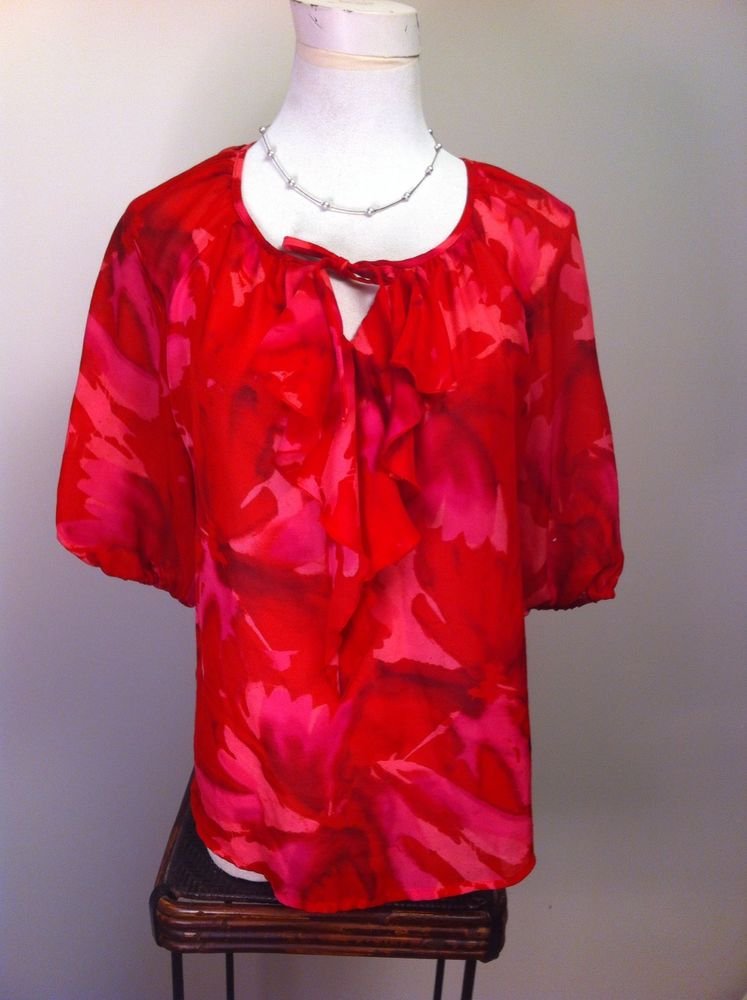 ANN TAYLOR LOFT PETITES PINK FLORAL RUFFLE BLOUSE TOP SIZE MEDIUM PM CRUISE WEAR