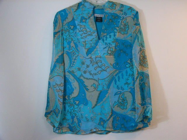 NOTATIONS BLUE PAISLEY SILK BLOUSE TOP SHIRT BEADED SIZE SMALL SUMMER FUN