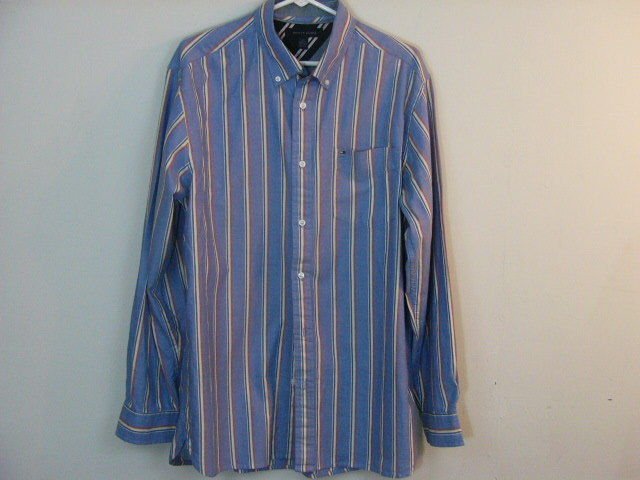 TOMMY HILFIGER MENS BUTTON DOWN BLUE STRIPED SHIRT SIZE LARGE