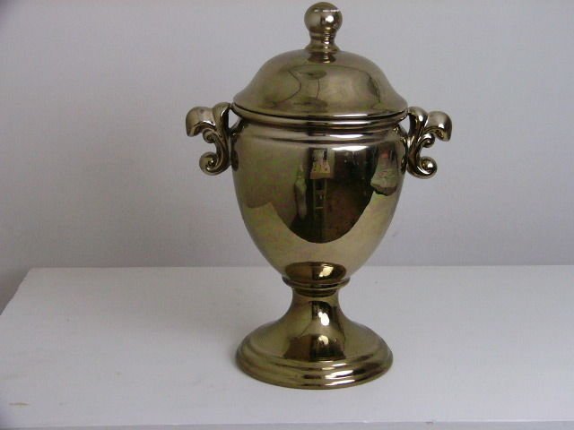 LARGE GOLD URN VASE WITH LID AND HANDLES 16"