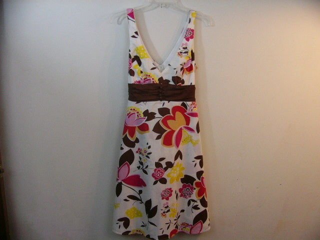 B SMART SUMMER BEACH DRESS SIZE 12 L BROWN WHITE PINK FLORAL SLEEVELESS V NECK