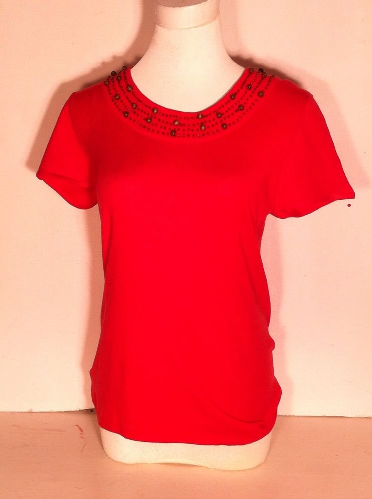 EVAN-PICONE LADIES WOMENS BEADED SWEATER CORAL ORANGE SIZE MEDIUM SHORT SLEEVED