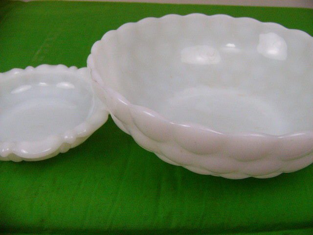 Vintage Fenton Milk Glass Bubble Glass 8" Bowl & Anchor Hocking Ashtray dish 5"