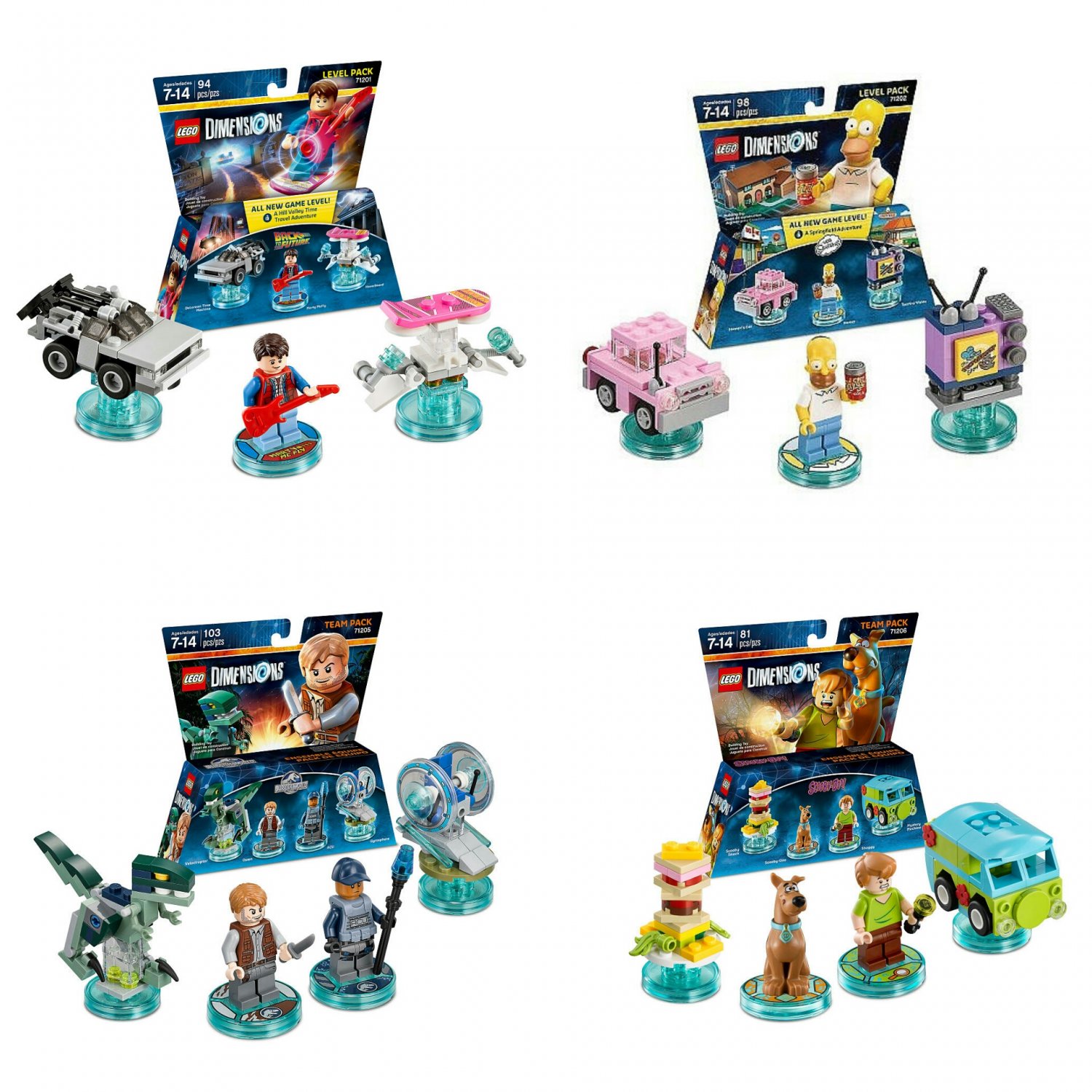 Set Of 4 Lego Dimensions Back To The Future Simpsons Jurassic World And Scooby Doo Pack