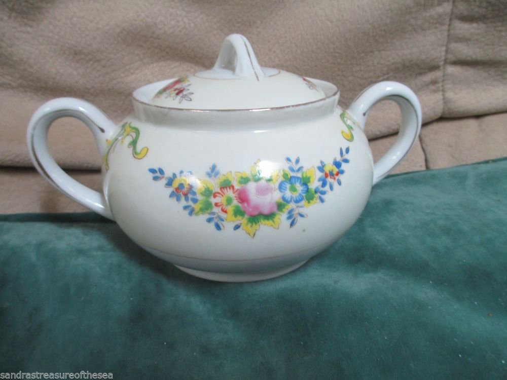 Vintage Porcelain Sugar Bowl Made In Japan Muiti Color Floral Gold Trim