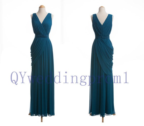 2015 New long v-neck evening dress, simple chiffon PROM dress, cheap bridesmaid dresses