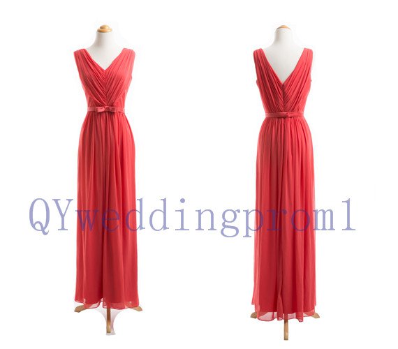 2015 New red v-neck chiffon evening dress, simple chiffon PROM dress, cheap bridesmaid dress