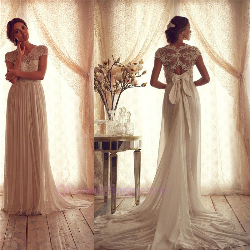 2014 New Beading Bodice V-Neck Cap Sleeves bow tie Sash Chiffon Wedding Dress
