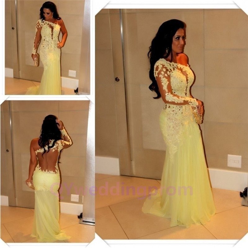 2015 New custom Long Prom Evening Dress Mermaid One Shoulder Sheer Lace Formal Party Gown