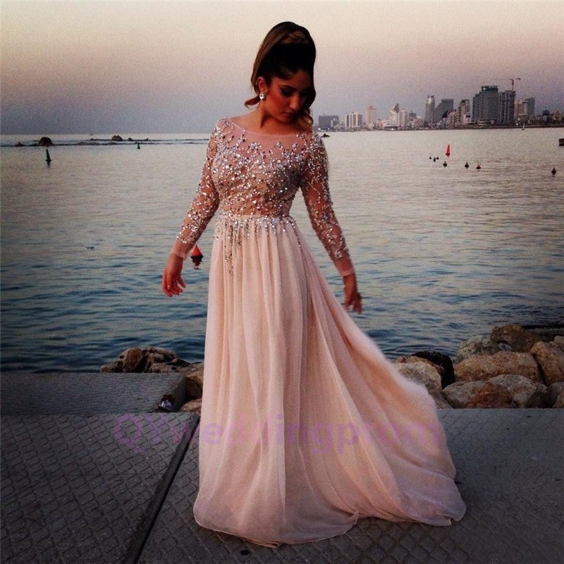 2015 New custom Sequins Prom Dresses Long Sleeve Chiffon Formal Evening Party Cocktail Ball Gown