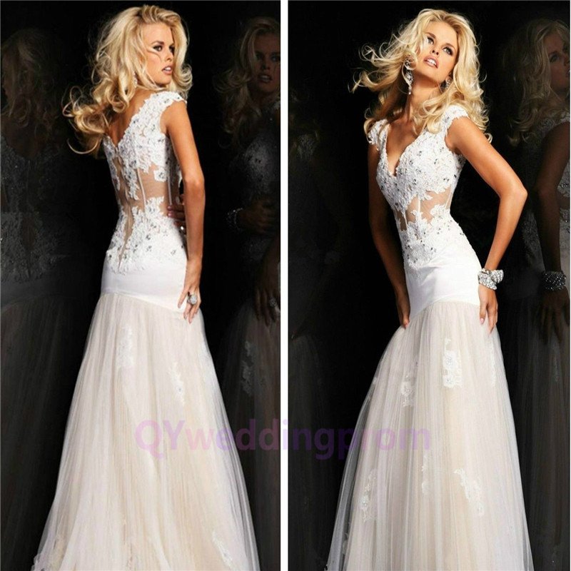 2015 New custom Long Lace Evening Dresses Cap Sleeve V-Neck Mermaid See Through Prom Dress