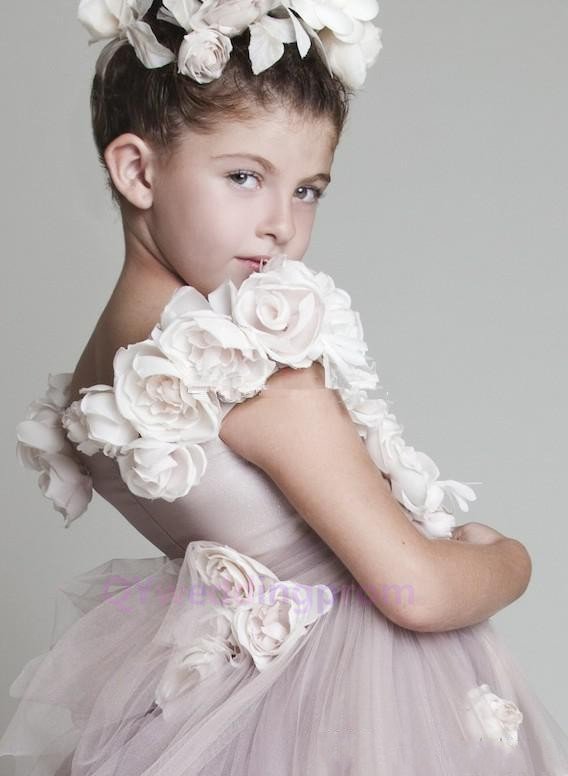 2015 Flower Girl Dresses With Flowers Pink Ball Gown Long Custom Tulle Toddler Pageant Dresses