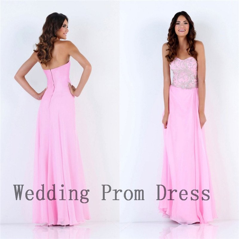 2015 A Line Strapless Pink Chiffon Beading Zipper Design Modest Style Long Prom Dresses