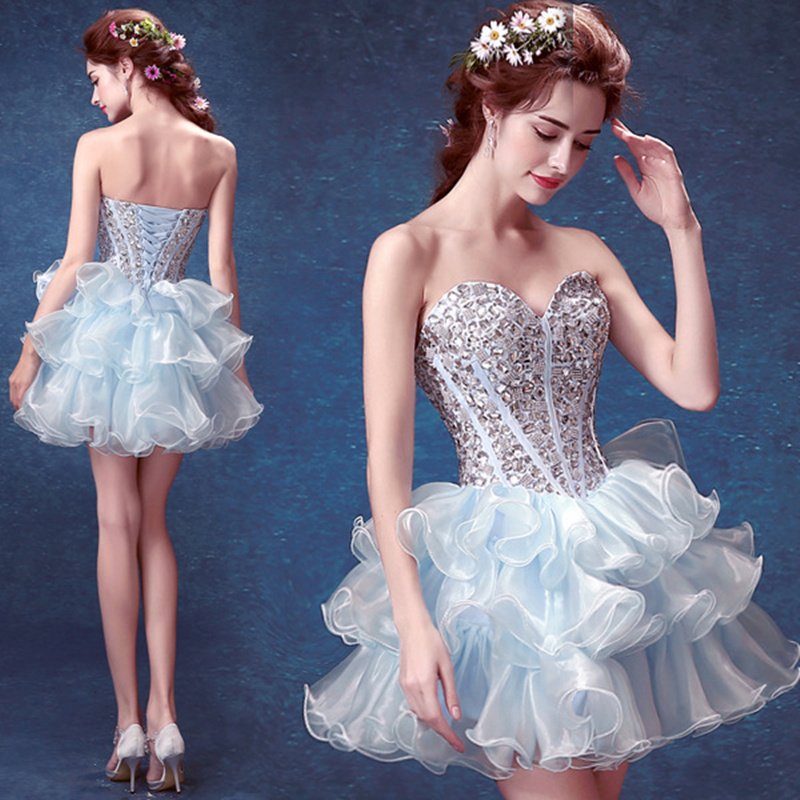 Sexy strapless Light Blue Short Dresses Crystals short evening dress