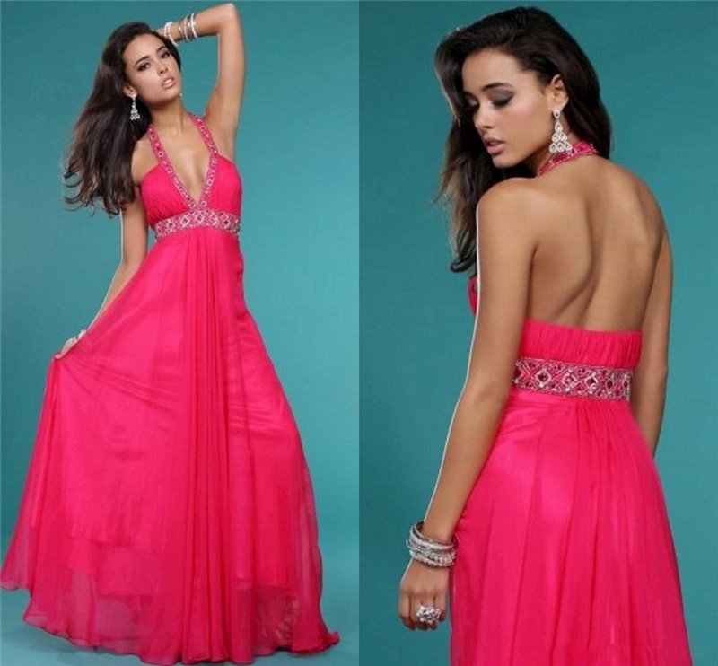 Sexy floor length Halter Chiffon Red Evening Dress A-Line Long evening Dresses