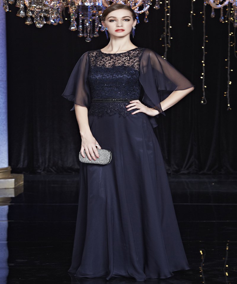 Custom Size Navy Blue Lace Long evening Dresses Beaded Elegant Evening Dress