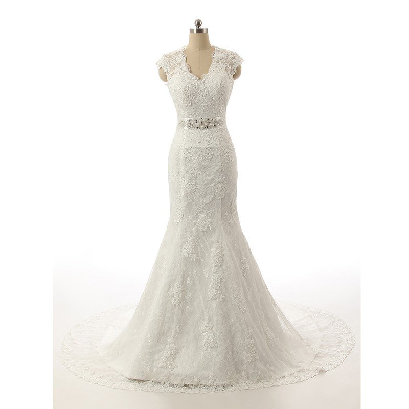 Plus Size Mermaid Wedding Dresses Cap Sleeve V-Neck Long White Lace Wedding Dress