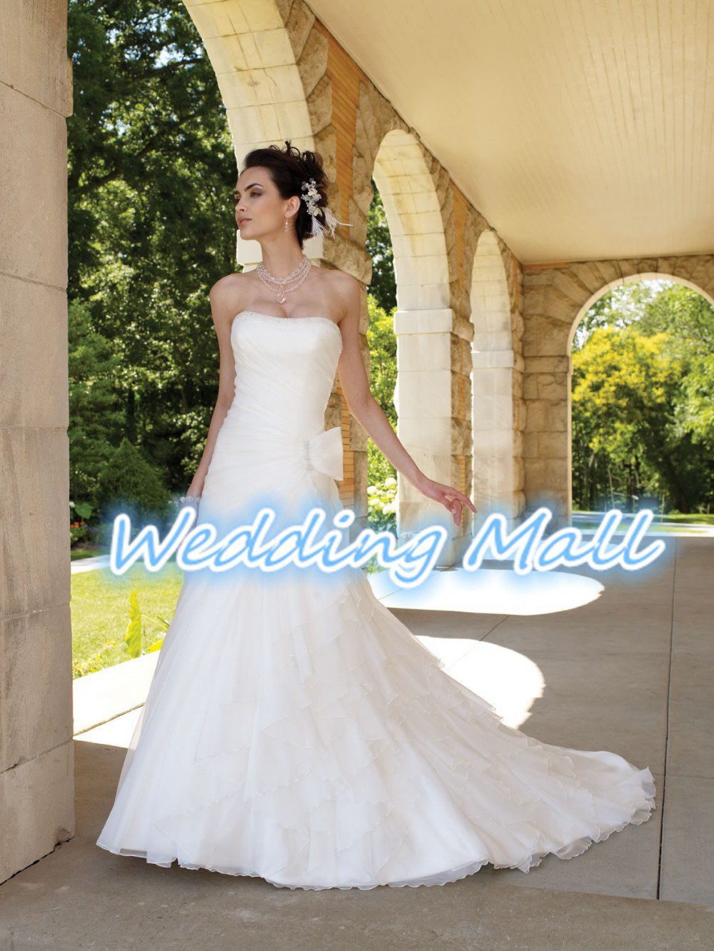 A-Line Strapless Floor Length Ruched Organza Train Taffeta Plus Size White Wedding Dress