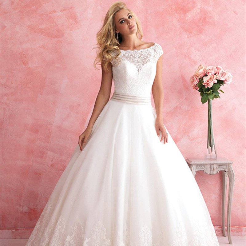 Custom Size Bridal Dresses White Long Lace A-Line Cap Sleeve Appliques Scoop Wedding Dress