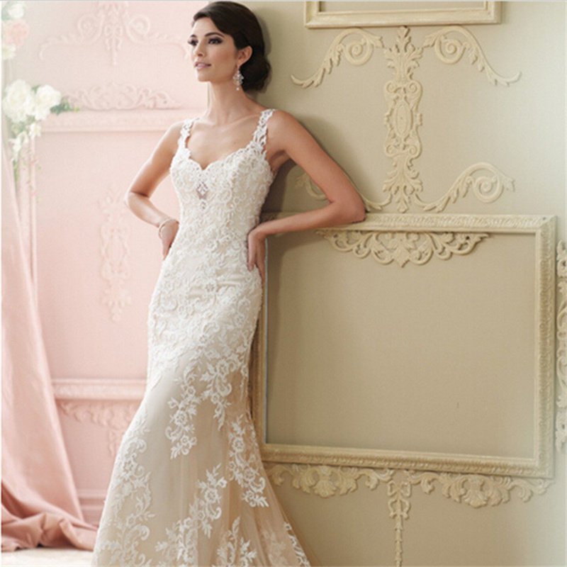 Champagne Lace Wedding Dress Sweetheart Spaghetti Straps Custom Size Long Mermaid Wedding Dresses