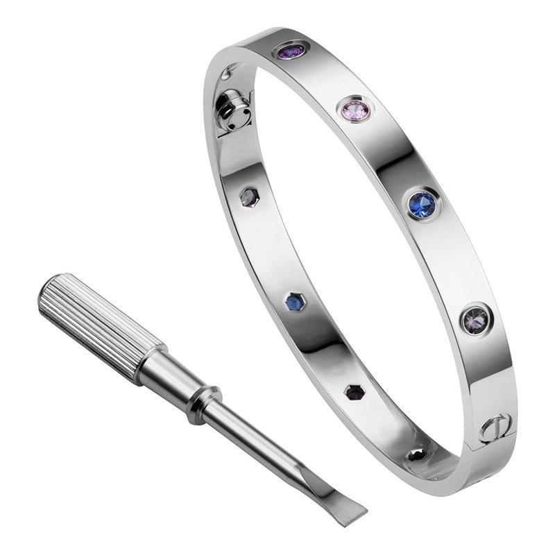 Cartier 18k White Gold W/ Colored Gems Love Screwdriver Braclet Size 19