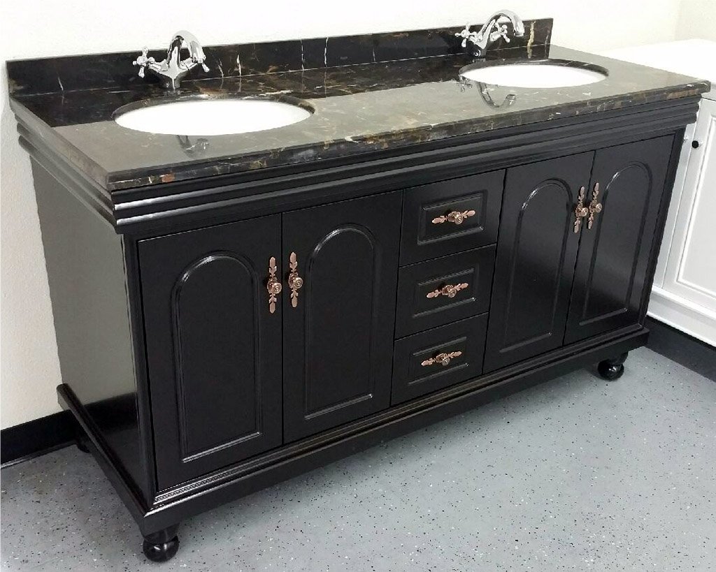 60" Marble Top Bathroom Double Vanity Cabinet w/ Sinks + Faucets