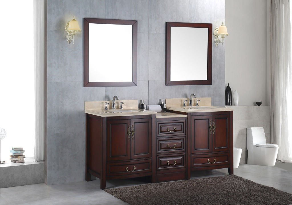 Double 72" Bathroom Sink Vanity Solid Wood Cabinet w/ Ivory Cream Marble Top