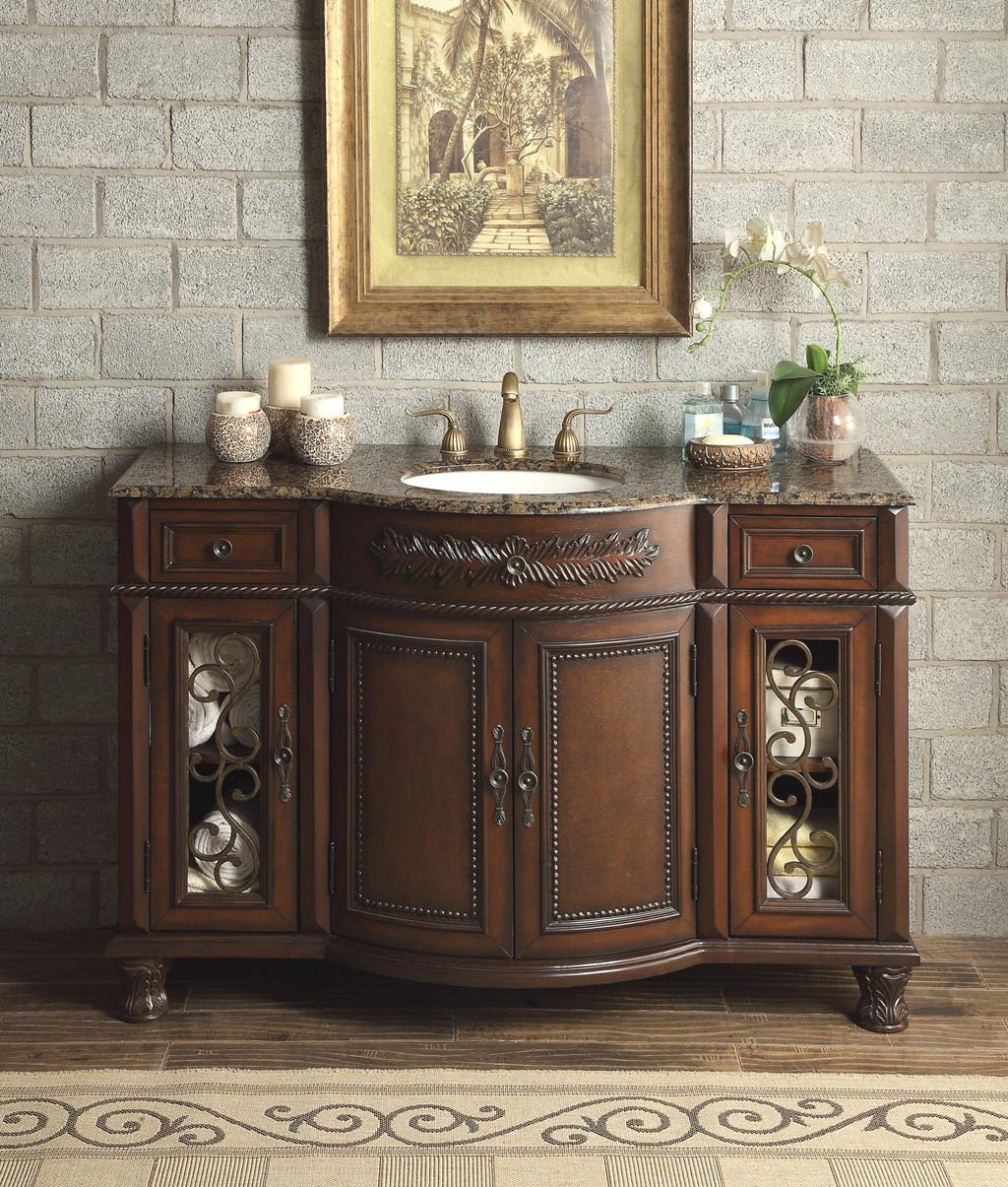 52" Vanity Bathroom Baltic Brown Granite Top Lavatory Cabinet Single Sink