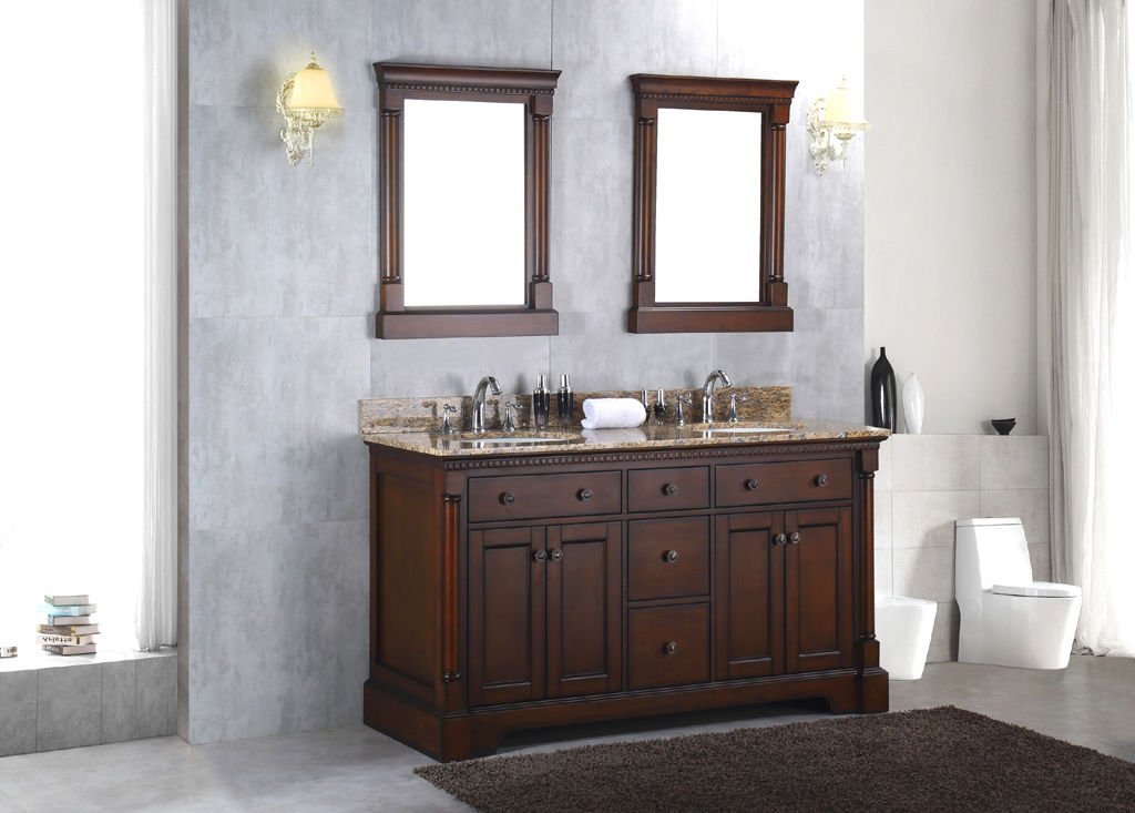 60" Double Bathroom Vanity Sink Solid Wood Cabinet w/ Granite Stone Top