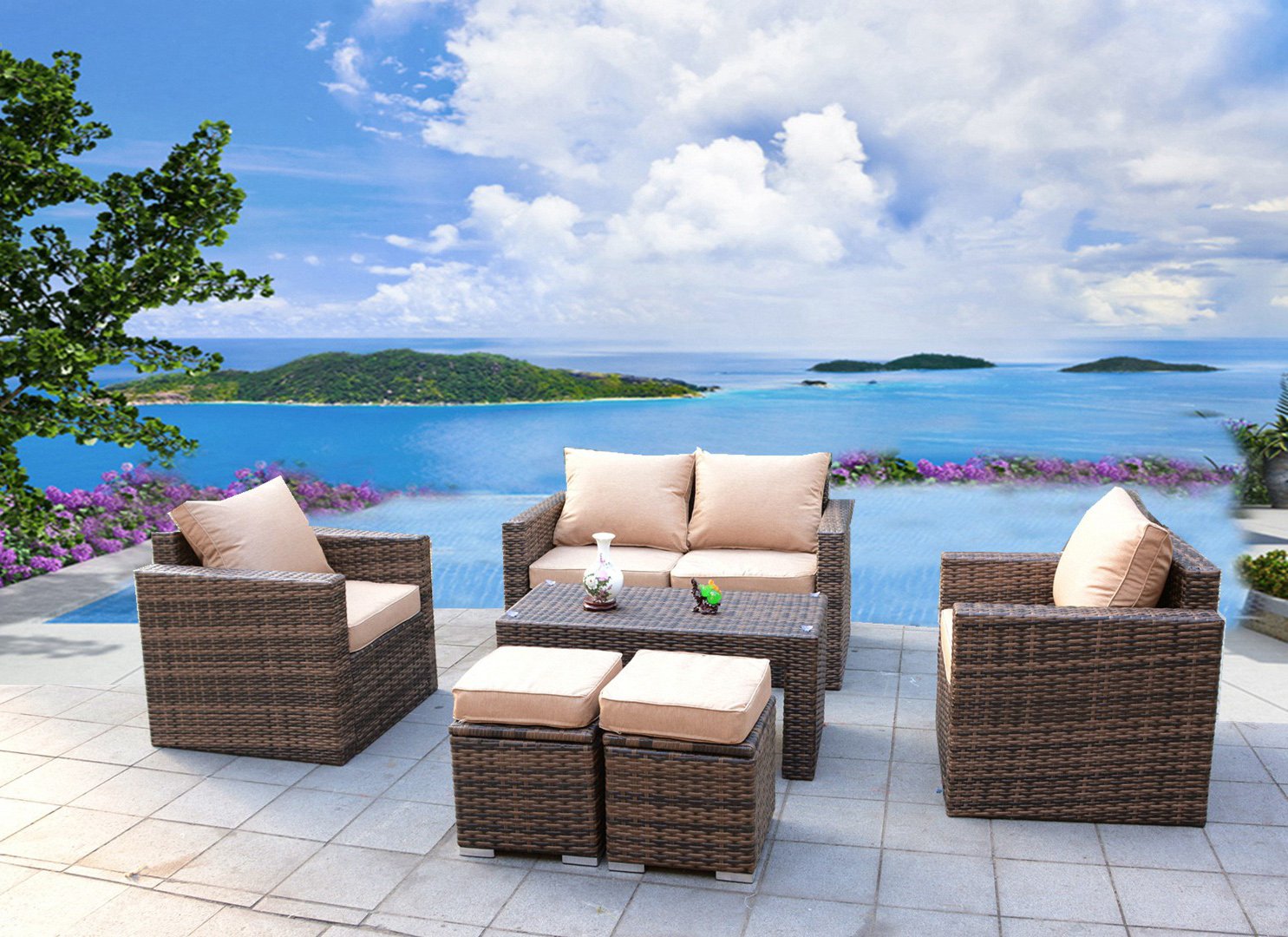 Sunbrella 6 Piece Outdoor PE Rattan Wicker Patio Furniture Sectional Sofa Set